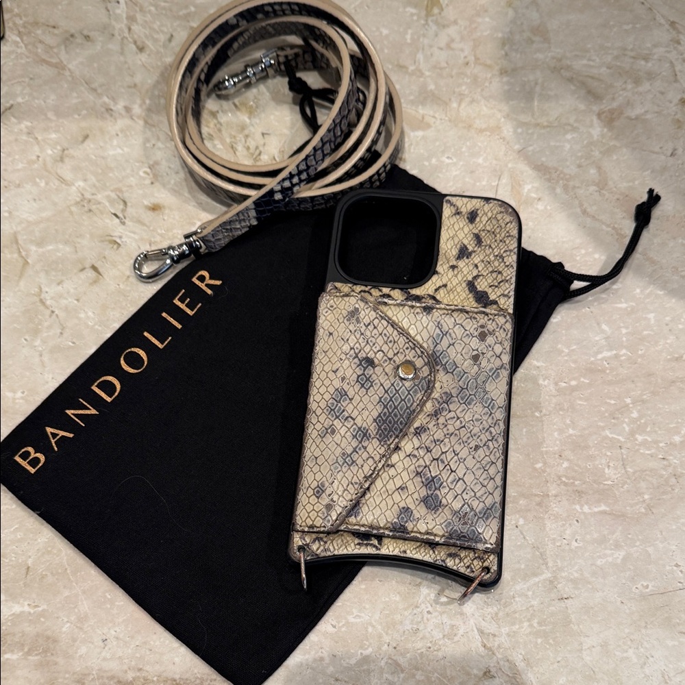 Bandolier Beige and Black Snake Print Phone Case with Strap for iPhone 14 Promax